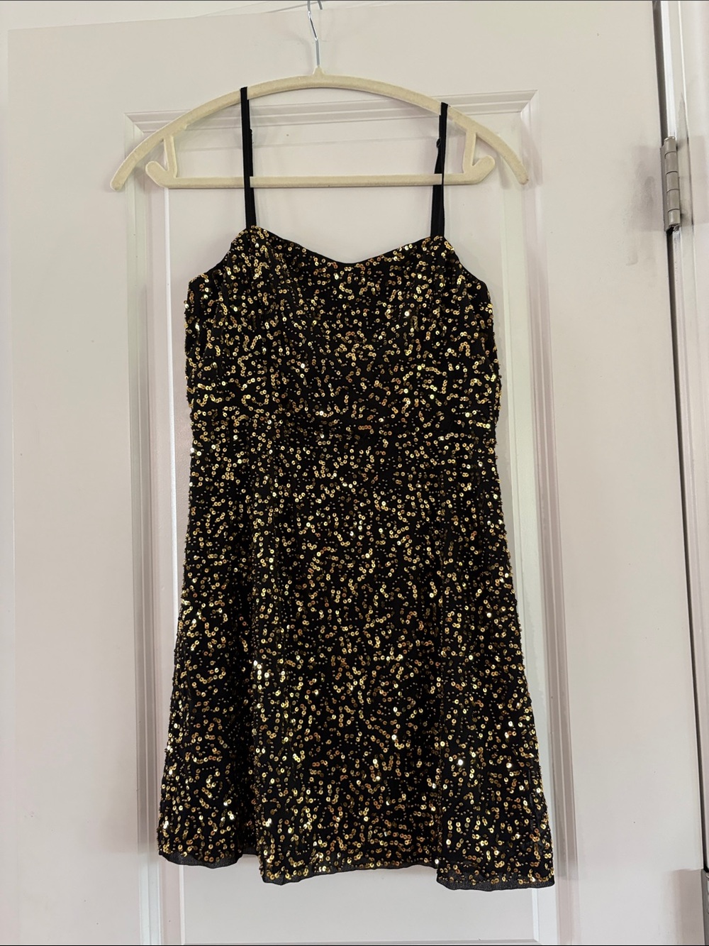 French Connection Black & Gold Sequin Spaghetti-Strap Mini Dress